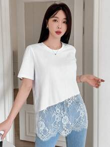 DAZY 休闲纯色蕾丝拼接宽松女式 T 恤 - 白色 - 查看 5