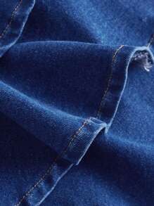 SHEIN MOD 女士褶饰蝴蝶结多层荷叶边牛仔吊带连衣裙 - 中等水洗藍 - 查看 4