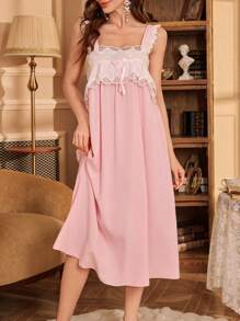 PalaceNights 2 Pieces Contrast Ruffle Hem Embroidery Floral Palace Style Women Pajamas Set