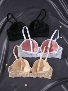 SHEIN 3pcs/Set Solid Color Romantic Lace Simple Comfortable&Support Daily Bra Set For Small Cup Size