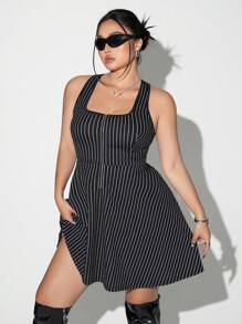SHEIN ICON 大码拉链装饰条纹 A 字形无袖腰部收腰中长连衣裙 - 黑與白 - 查看 5
