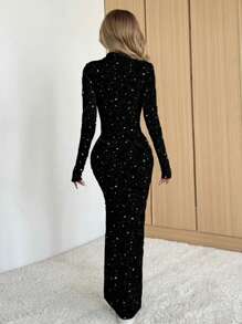 SHEIN EZwear Women's Starry Night Dress: Black Glitter Long Sleeve Maxi Dress,Prom Dress