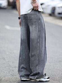 Claim Dot Men's Casual Loose Fit Straight Leg Jeans With Pockets, Everyday Wear - Grey - View 2