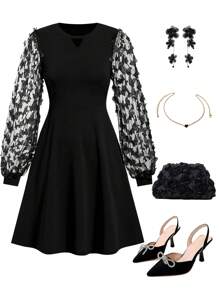 Ellevyn 黑色对比色拼接蝴蝶网眼覆盖长袖修身喇叭迷你连衣裙女士情人节装情人节连衣裙 - 黑色 - 查看 1