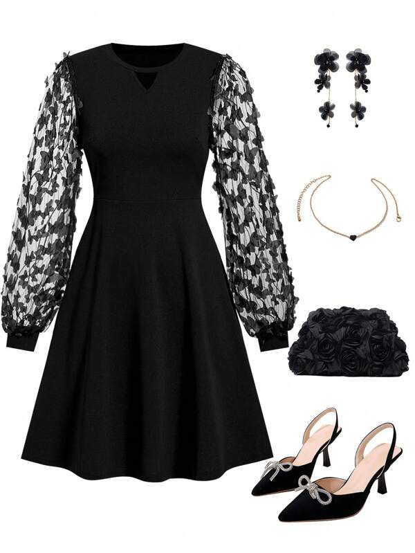 Ellevyn Vestido mini entallado y acampanado con manga larga, superposición de tul con contraste negro y detalles de mariposa para mujeres - Atuendo de San Valentín, Vestido de San Valentín