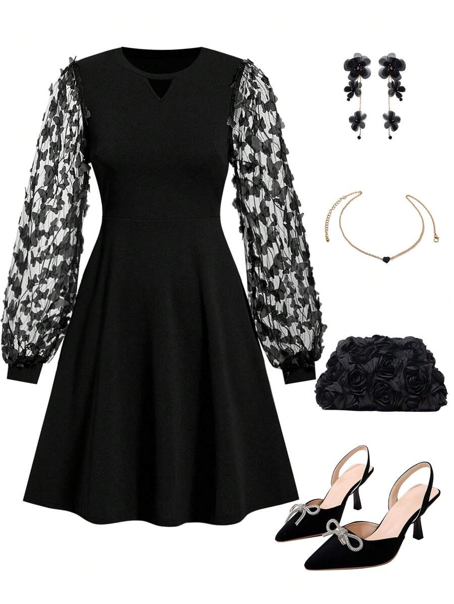 Ellevyn 黑色对比色拼接蝴蝶网眼覆盖长袖修身喇叭迷你连衣裙女士情人节装情人节连衣裙 - 黑色 - 查看 1