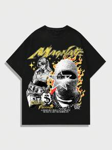 ROMWE MEN Street Life 2 件男士肖像印花短袖 T 恤和短裤套装，适合春夏季日常穿着