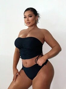 SHEIN X Sofía Suescun Swim SXY Summer Plus Size Women Solid Color Halter Drawstring Beach Bikini Top - Black - View 4