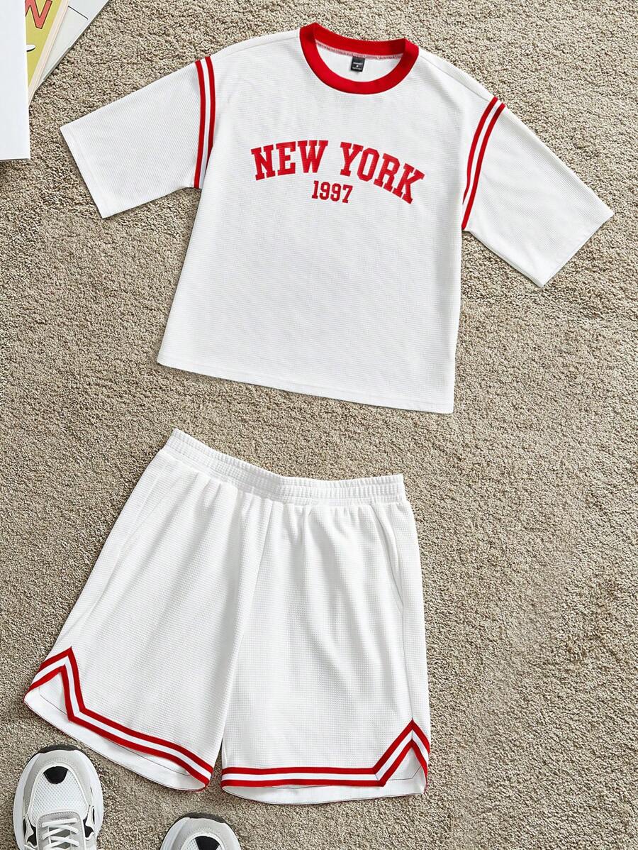 Manfinity VCAY 2 件套男士针织休闲舒适松紧腰直筒短袖 T 恤和裤子套装 - 卡其色 - 查看 1