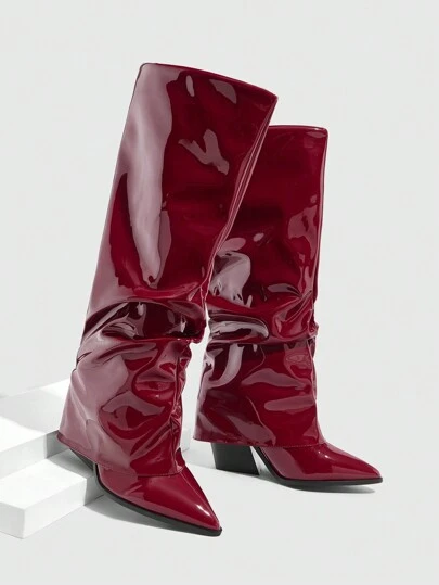 CUCCOO SZL Women's Side Zip Pointed Toe Ruched High Heel Ankle Boots Women's Shiny Red High Chunky Heel Party Boots For Spring Spring Break Easter For Christmas Valentine's Day