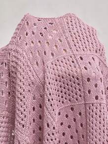 AKNOTIC Party 男士粉色格子镂空撞色蓝色字母标志针织宽松翻领短袖休闲开衫，适合日常穿着、情人节、情侣装、度假装、秋冬装 - 粉色 - 查看 8