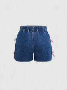 SHEIN Shorts jeans casual lavado com ilhós e laços, estilo Y2K, para meninas adolescentes, com ajuste elástico, design simples, elegante e versátil, adequado para uso diário - Lavagem escura - Ver 2