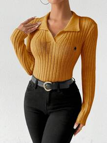 SHEIN Unity Elegant Fitted Knitted Sweater, Minimalist Fashion Casual Pullover For Everyday Wear Fall Winter - Orange - View 3