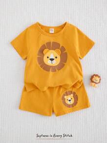 Cozy Pixies Set de 2 piezas de body de niño bebé con estampado de león de dibujos animados y top de punto de cuello redondo de manga corta, y pantalones cortos de cintura elástica