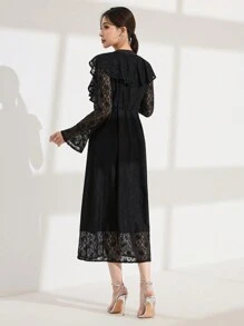 Modelyn Women's Elegant Lace V-Neck Patchwork Ruffle Flare Sleeve Waisted A-Line Long Dress - Black - View 2