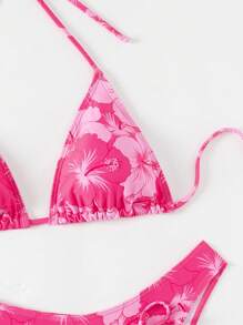 Swim Mod 3pcs Springbreak Plant Print Detachable Padded Triangle Bikini Set