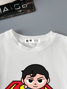 SUPERMAN X SHEIN 年轻男孩休闲圆领短袖T恤，适合夏季