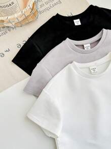 SHEIN Set di 3 pezzi di abbigliamento estivo per bambini, maglietta manica corta in felpa morbida con girocollo e stile coreano casual, colore tinta unita, multifunzione ad alto rapporto qualità-prezzo, adatto per giochi all'aperto, fotografia di strada, feste - Multicolore - Visualizzare 6