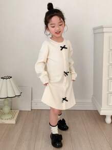DAZY Young Girl Knitted Sweater Dress, Autumn - White - View 4