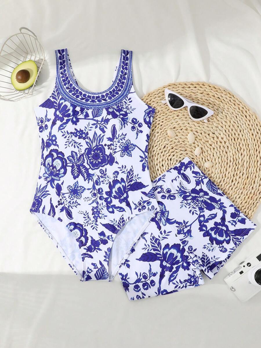 SHEIN 2pcs/Set Teen Girls One-Piece Random Floral Printed Swimsuit - Blue and White - View 1