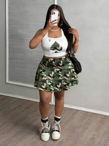 Slaydiva Casual U-Neck Camouflage Heart Q Printed Vest Camouflage Mini A-Line Skirt Women's Plus Two-Piece Set,Holiday Outfits