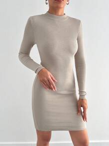Cottnline Casual Solid Color Bodycon Long Sleeve Dress - Beige - View 4
