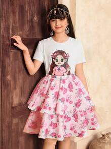 SHEIN Top a maniche corte lavorato a maglia con collo rotondo, elegante e maestoso, adatto a tutti i giorni, e gonna in tulle con motivo floreale delicato, per ragazze durante il Ramadan