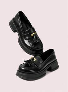 CUCCOO DOLLMOD Women's Daily Casual Thick-Soled Slip-On Loafers With Tassel Design - Black - View 1