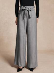 SHEIN Unity Women's Ruffled Waist Wide Leg Striped Tie Waist Pants Fall Cloth For Women - Grey - View 4