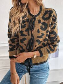 SHEIN Unity Women's Leopard Print Jacquard Tie Long Sleeve Cardigan - Brown - View 3