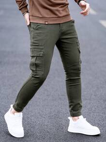 Manfinity Homme Men's Cargo Pocket Denim Skinny Fit Jogger Pants - Dark Green - View 3