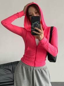 SHEIN Unity 女士纯色拉链连帽衫，长袖，休闲时尚，适合日常穿着