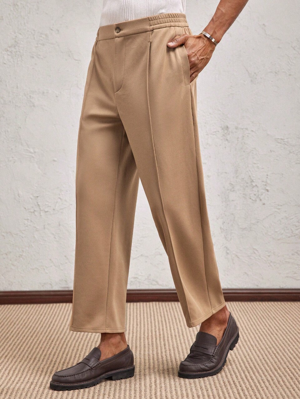 Men's Khaki Knit Loose Casual Mid-Waist Tapered Casual Pants, Suitable For Daily Wear And Vacation, Spring/Summer