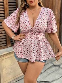 Flirla Plus Size Boho Short Sleeve Casual Blouse, Fashionable For Daily Wear, For Summer - Pink - View 4