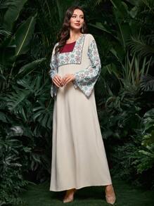 Al Najma Arabic New Spring/Summer Dubai Trumpet Sleeve Loose Long Dress, Pullover Round Neck Printed Dress, Kaftan & Jalabiya