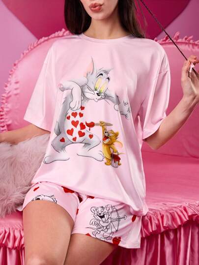 TOM & JERRY X SHEIN Women's Pink Funny Cute Cartoon Cat Print Short Sleeve Top And Shorts Comfortable Pajama Set, For Spring Summer Valentine's Day