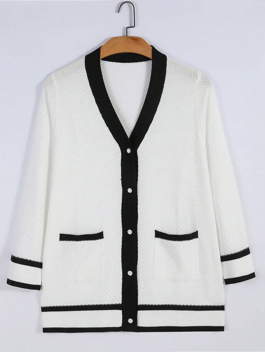 SHEIN LUNE 大码针织开衫，简约时尚休闲日常穿着 - 白色 - 查看 1