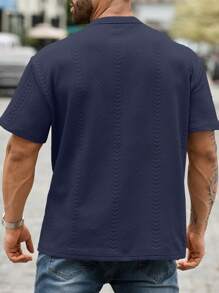 Manfinity Homme 大码男式字母图案短袖休闲 T 恤 - 藏蓝色 - 查看 2