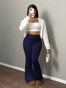 Slaydiva Women's Solid Color Flared Yoga Pants, High Waist Stretchy Tummy Control Workout Leggings - Navy Blue - View 3