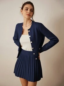 Aveloria Rosie 奢华时尚高端口袋开衫和高腰褶皱迷你裙两件套 - 藏蓝色 - 查看 1