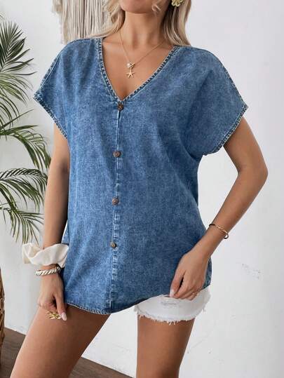 SHEIN Pregnant Women Blue Denim Loose Casual Tops, Minimalist Daily Wear, Summer / Summer / Summer,Spring / Spring For Women,Beach For Woman / Beach,Brunch For Women, Spring Break / Spring Break, Concert Women / Rave Festival / Country Concert / Ibiza / Nashville