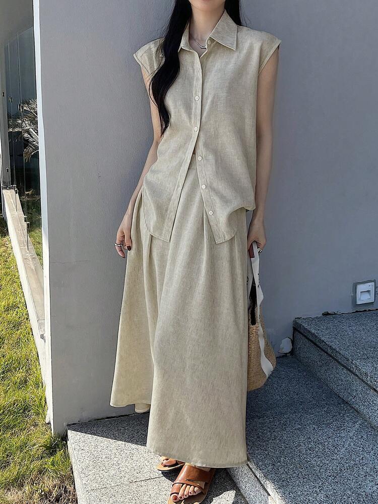 Women Short Sleeve Shirt And Solid Color Skirt Set, Sleeveless,Women Two Pieces Sets