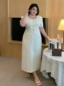 Dazy Plus 2 Pieces Set: Plus Size Solid Color Cropped Top And Front Slit Skirt, White, Spring/Summer