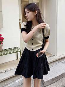 DAZY 女式撞色拼布翻领修身前开短袖针织上衣，春夏季，返校服装 - 杏色 - 查看 2