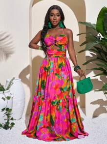 Slaydiva 夏季假期性感热带印花分层下摆露背系带长裙女式 - 彩色 - 查看 4