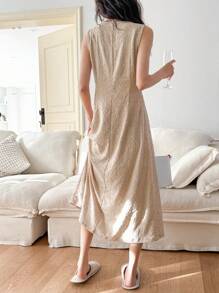 DAZY Váy ngủ dài ôm sát không tay cổ chữ V bằng vải dệt kim Jacquard họa tiết lãng mạn - Màu Khaki - Xem 2