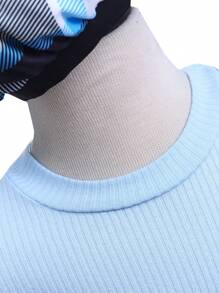SHEIN 2pcs Set: Young Girls Plain Round Neck Puff Sleeve Top And Plaid Mini Skirt With Hat - Blue - View 4
