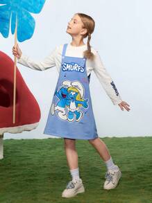 SHEIN X The Smurfs 2pcs/Set Tween Girl Cartoon Graphic White Casual Long Sleeve T-Shirt & Blue Cute Suspender Dress - Blue - View 6