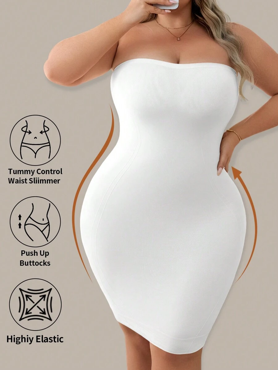 SHEIN 大码女士塑身胸部和腰部紧身连衣裙单品 - 白色 - 查看 1