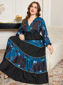 Modelyn 大码 V 领扎染拼接优雅 A 字长裙 - 彩色 - 查看 5